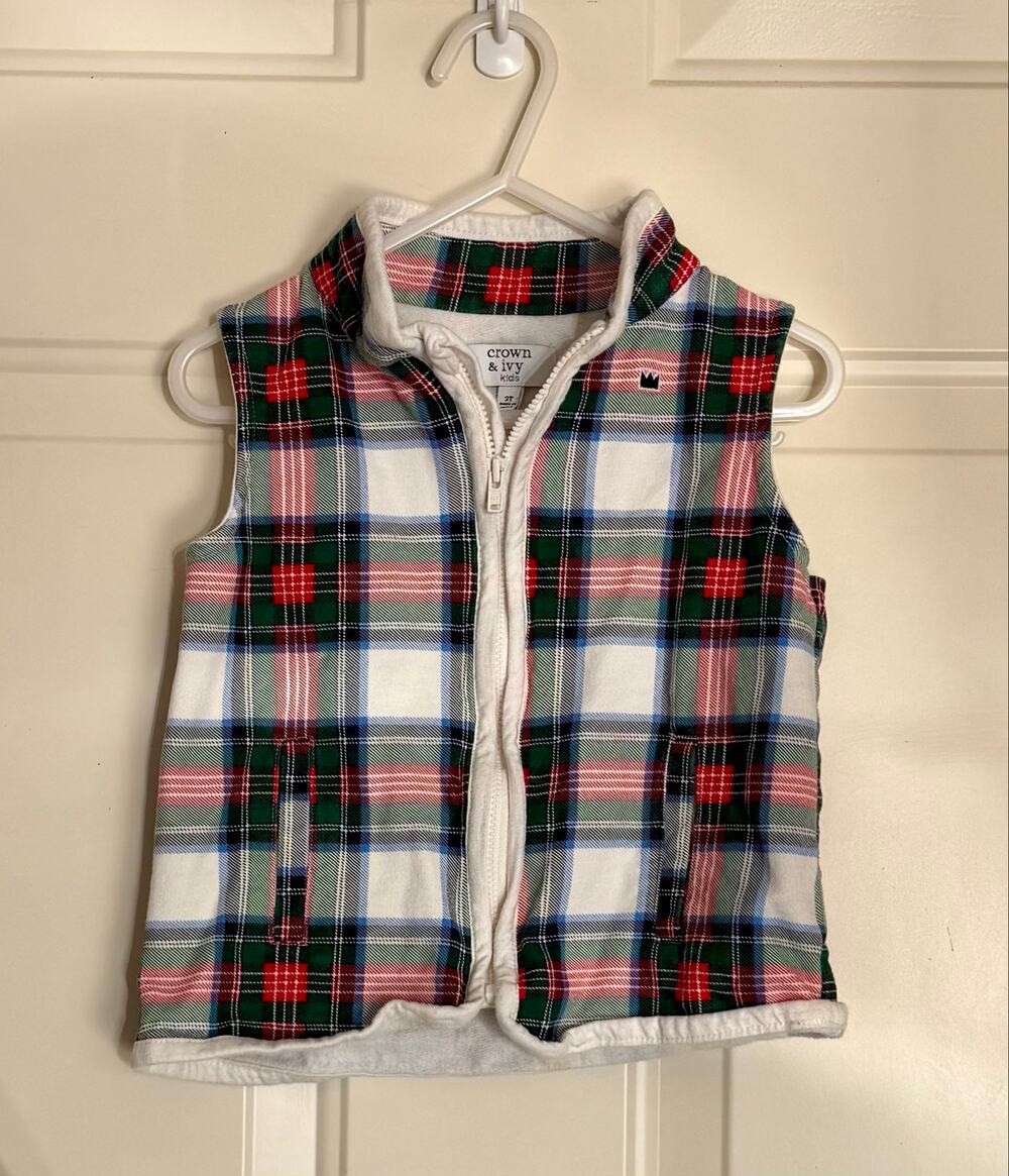 Crown & Ivy Kids Toddler Tartan Plaid Zip Up Vest Christmas Preppy 2T